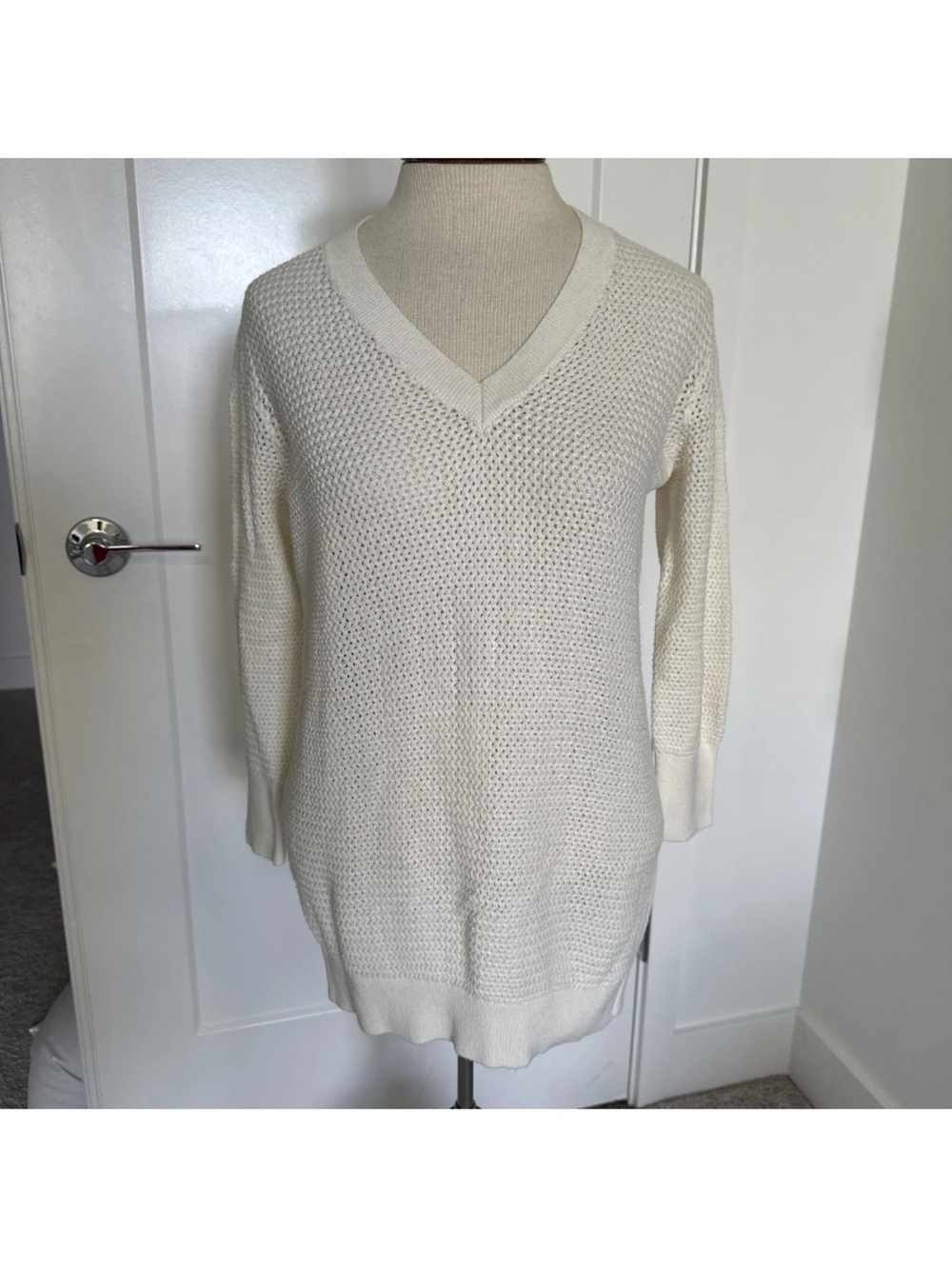 Theory Womens Cashmere & Cotton V-Neck Pullover Sweater Top Cream Size S